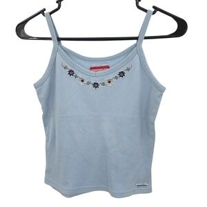 Vintage Y2K Floral Embroidered Baby Blue Cami Tank S Spaghetti Strap Soft Girl